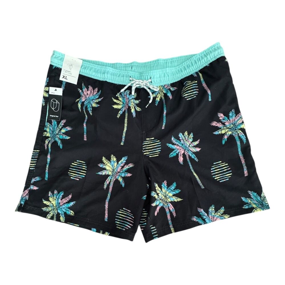 Original Use Swim Trunks Mens XL Black Doodle Palm 7 Inseam UPF 50+ Lined Shorts